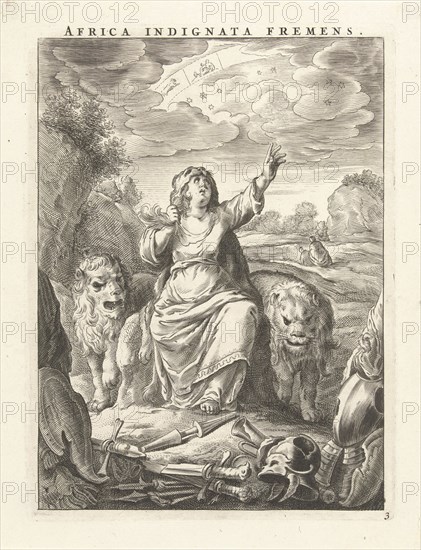 Female personification of the continent of Africa as a woman with lion's skin, sitting between lions, Cornelis van Dalen II, Claes Jansz. Visscher II, 1648-1664