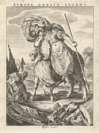 Female personification of the continent of Europe represented as a woman in armor on bull, Cornelis van Dalen (II), Claes Jansz. Visscher (II), 1648 - 1664