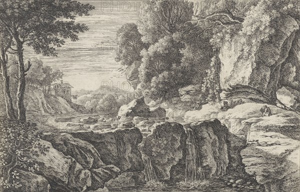 Landscape with small waterfall, Herman van Swanevelt, 1643 - 1655