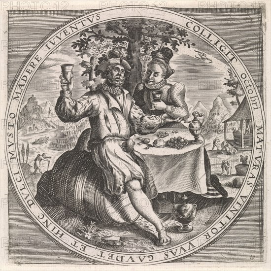 October: couple drinking wine, Anonymous, Crispijn van de Passe (I), Maerten de Vos, 1574 - 1687