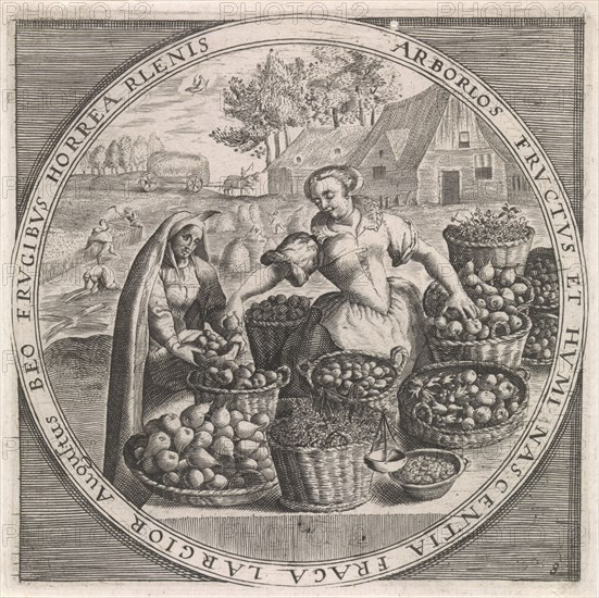 August: Fruit Vendor, Anonymous, Crispijn van de Passe (I), Maerten de Vos, 1574 - 1687