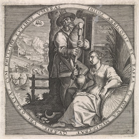 July: piper and woman with jug, Anonymous, Crispijn van de Passe (I), Maerten de Vos, 1574 - 1687