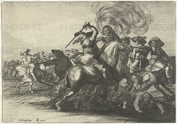 Battlefield Scene with riders fighting, Willem van de Lande, Claes Jansz. Visscher (II), 1635 - 1652