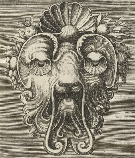 Mask with shell-shaped eyes and a shell between fruit bunches on the forehead, Frans Huys, Cornelis Floris (II), Hans Liefrinck (I), 1555