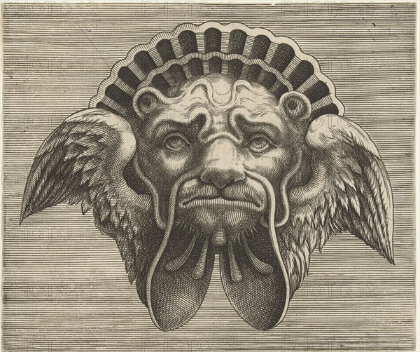 Mask with wings instead of ears and a headdress in the shape of a shell, Frans Huys, Cornelis Floris II, Hans Liefrinck I, 1555