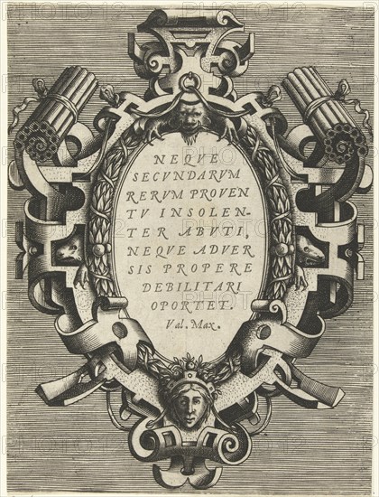 Oval cartouche with a quote from Valerius Maximus, print maker: Frans Huys, Hans Vredeman de Vries, Gerard de Jode, 1555