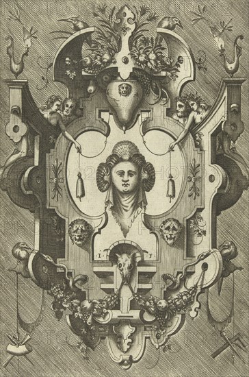 Cartouche with the head of a woman wearing three shells in her hair, print maker: Pieter van der Heyden, Jacob Floris, Hieronymus Cock, 1567