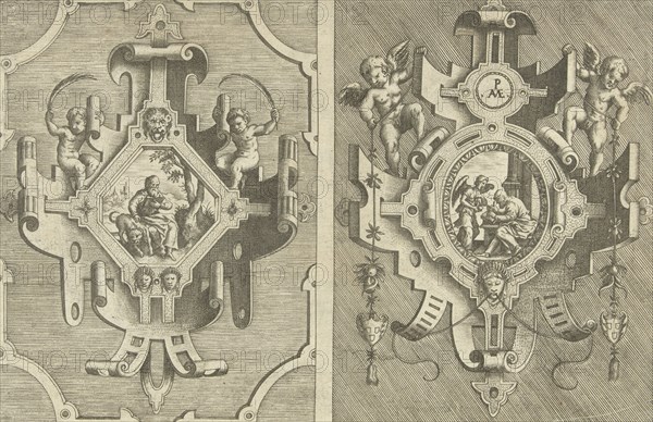 Two cartouches, each depicting an evangelist, Pieter van der Heyden, Jacob Floris, Hieronymus Cock, 1566