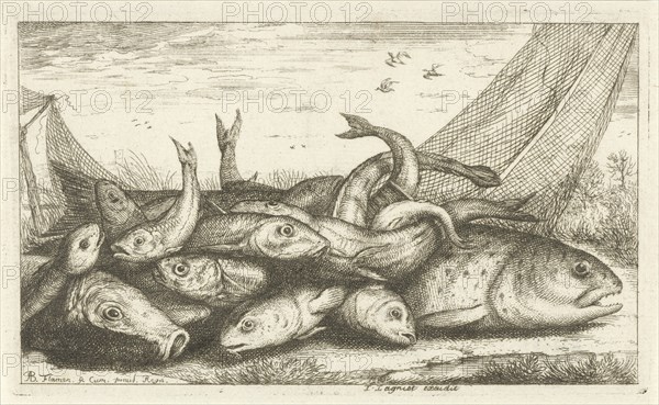 Fishes on the grass, print maker: Albert Flamen, Jacques Lagniet, Lodewijk XIV koning van Frankrijk, 1648 - 1670
