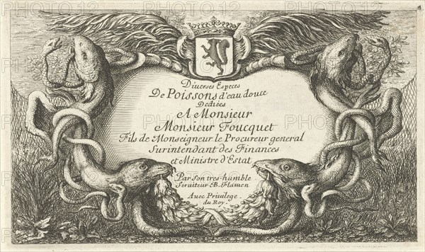Cartouche with fish and water hoses, Hans Collaert (I), Hans Bol, Claes Jansz. Visscher (II), 1530 - 1580