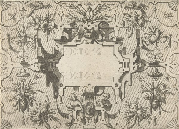 Cartouche surrounded by grotesques, Johannes or Lucas van Doetechum, Hans Vredeman de Vries, Hieronymus Cock, c. 1555 - c. 1560