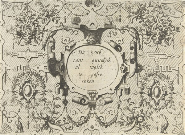 Cartouche surrounded by grotesques, left and right is a bird, Johannes or Lucas van Doetechum, Hans Vredeman de Vries, Hieronymus Cock, c. 1555 - c. 1560