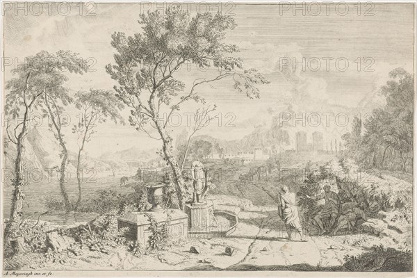 Landscape with a statue, Albert Meyeringh, 1665 - 1714