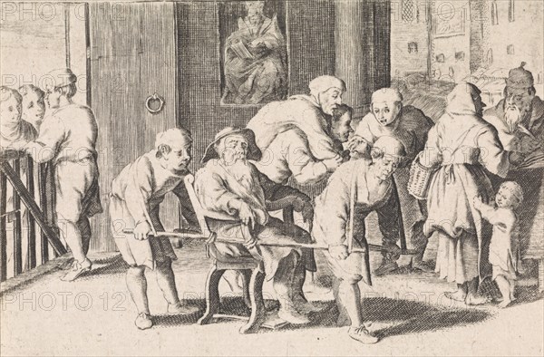 Blind, old man in sedan, Cornelis de Wael, Anonymous, 1629