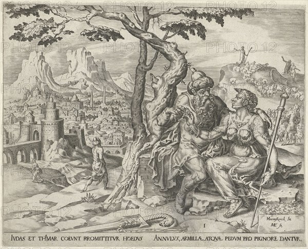 Juda geeft Tamar zijn zegelring. Harmen Jansz Muller, 1564 - 1568, print maker: Harmen Jansz Muller, Maarten van Heemskerck, 1564 - 1568