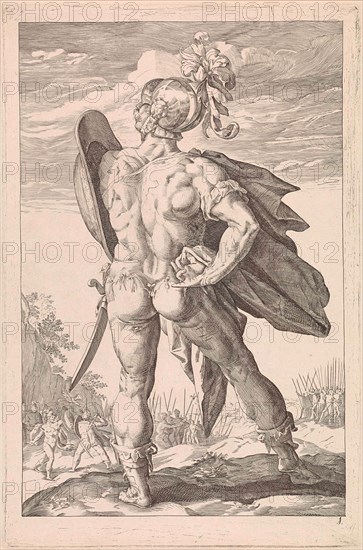 Marcus Valerius Corvus, print maker: Keijzer, Hendrick Goltzius, mei-1829