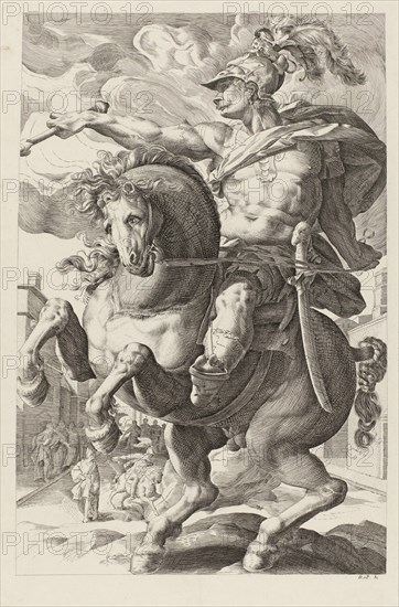 Marcus Curtius on horseback, print maker: Herman DaniÃ«l van Perls, Hendrick Goltzius, 1826 - 1830
