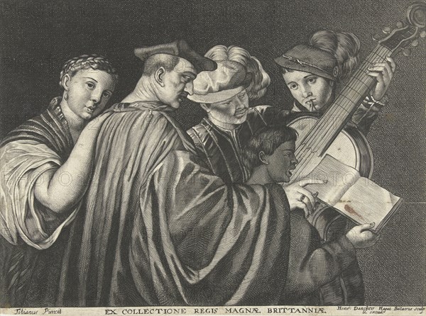 Three men, woman and boy singing and playing musical instruments, Hendrick Danckerts, 1635 - 1679