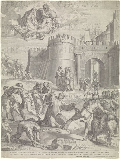 Stoning of St. Stephen, print maker: Cornelis Cort, Marcello Venusti, Gaspar Albertus, 1576