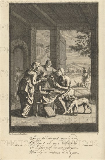 Feeding the hungry, Jan Luyken, Gerrit de Broen Sr., in or after 1695 - c. 1740