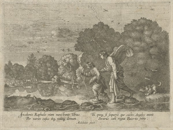 Tobias and the Angel in a river, Hendrick Goudt, Anonymous, 1608 - 1698