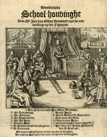 Title print of the pamphlet in 1618, entitled Wonderlijcke School houdinghe Mr. Jan van Oldenbarevelt, Anonymous, 1618