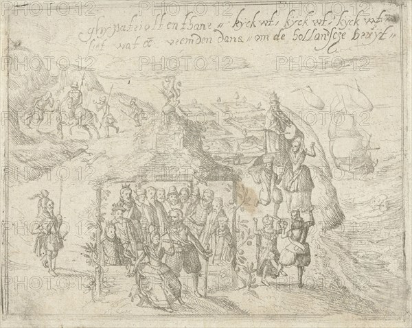 Title print for the pamphlet, Ghy Patriotten thans kijck uut, kijck uut, Siet wat een vreemden Dans om de Hollandtsche Bruut, Anonymous, 1615