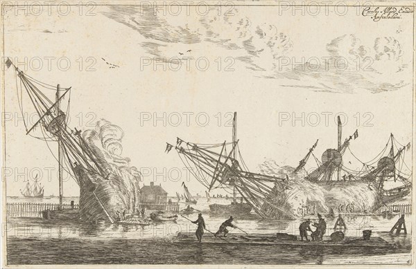 Waterproofing of the hulls of three flute ships, Reinier Nooms, 1650 - before 1705, fluyt, fluit or flute is a Dutch type of sailing vessel