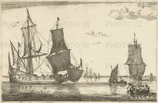 Backwater with a flute ship, Reinier Nooms, 1650 - before 1705, fluyt, fluit or flute is a Dutch type of sailing vessel