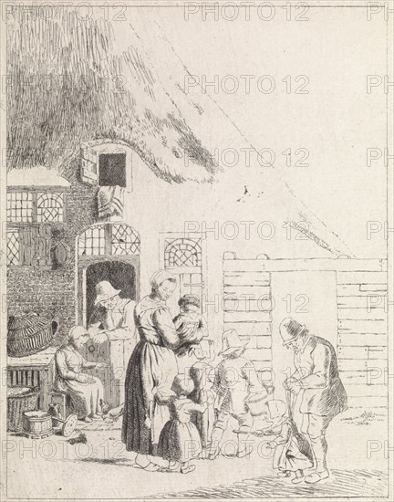 Farmers and children at ranch, print maker: Johannes Christiaan Janson