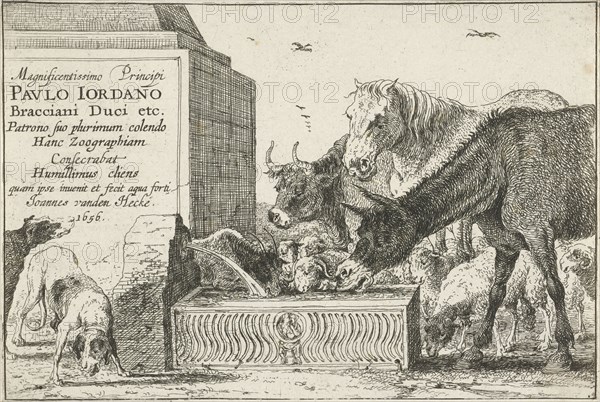 Animals at a fountain, Jan van den Hecke (I), 1656