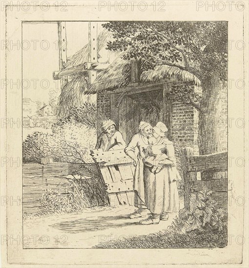 Two women and a man on a farm, print maker: Marie Lambertine Coclers, 1776 - 1815