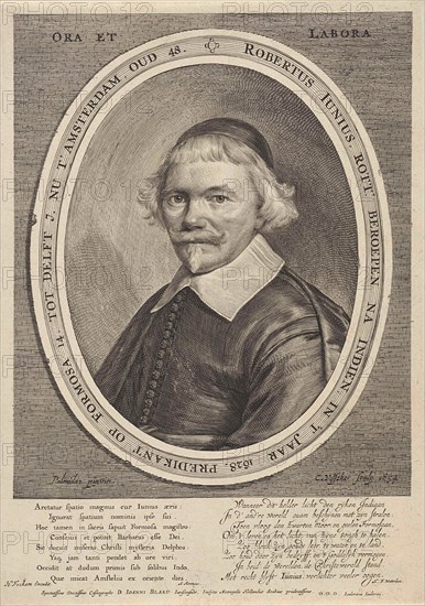 Portrait of Robert Junius, print maker: Cornelis Visscher II, Anthonie Palamedesz., Arnoldus Montanus, 1654