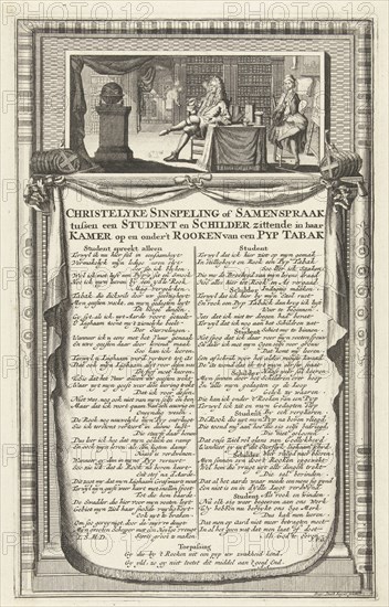 Dialogue between a student and a painter about smoking a pipe, 1700, print maker: Anonymous, print maker: Jacob Keyser attributed to workshop of, Ludolph Smids, 1690 - 1710
