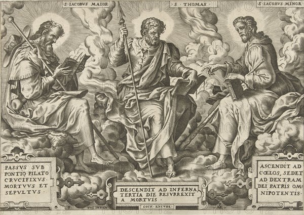 Three Apostles James the Greater, Thomas and James the Less, print maker: Pieter van der Heyden, Peter de Vos II, Hieronymus Cock, 1568