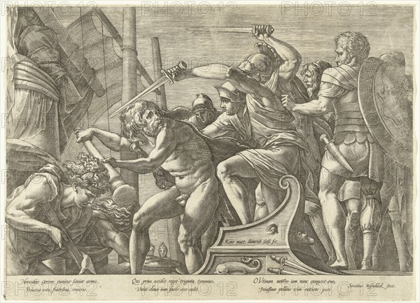 Hercules fights with Geryoneus (?), print maker: Hendrick Goltzius, Francesco Primaticcio, Servatius Rosenbleck, 1575 - 1579