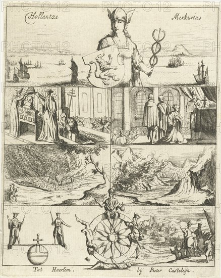 Several events in Europe in the year 1655 awarded by Mercury, print maker: Dirck de Bray attributed to, Pieter Casteleyn, 1656
