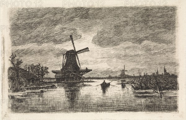 Landscape with two mills and a rowboat, Elias Stark, 1886, print maker: Elias Stark, 1886