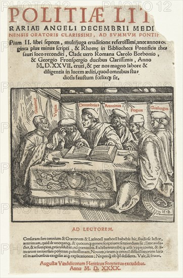 Title print six scholars sitting around a table and text in letterpress, Hans Burgkmair (der Ã„ltere), Heinrich Steiner, 1483 - 1519