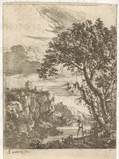 goatherd on the banks of a river, print maker: Anthonie Waterloo attributed to, 1630 - 1663