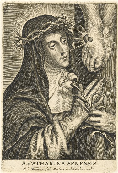 Saint Catherine of Siena with stigmata at crucifix. Schelte Adamsz. Bolswert, Peter Paul Rubens, Martinus van den Enden, 1596 - 1659