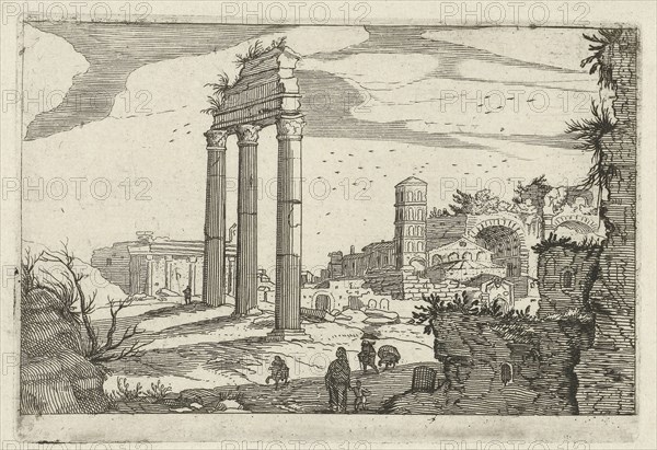 Temple of Castor and Pollux and the Basilica of Constantine, Willem van Nieulandt (II), Anonymous, 1594 - 1685