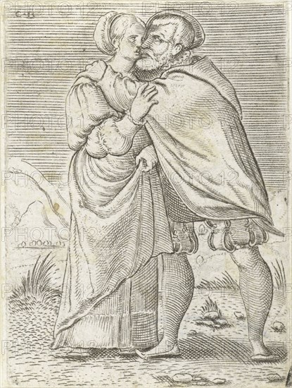 Dancing couple kissing each other, print maker: Cornelis Bos, Anonymous, c. 1537 - c. 1555 and/or 1546 - 1548