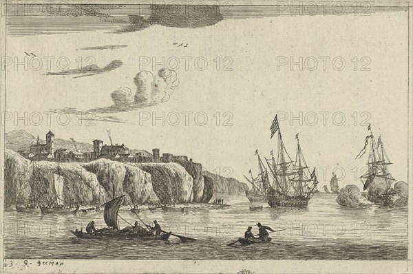 Harbour with a village on a cliff, Reinier Nooms, 1656