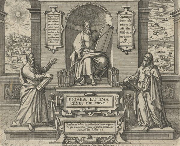 Moses with the law in the company of two prophets, Johann Bussemacher, 1577-1627