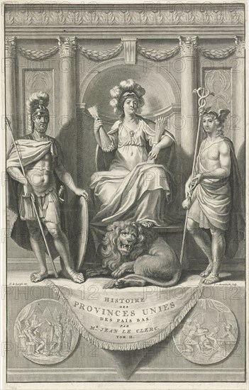 Dutch Virgin flanked by Mars and Mercury, print maker: Johannes Willemsz. Munnickhuysen, Gerard de Lairesse, Zacharias Chatelain I, 1677 and/or 1730