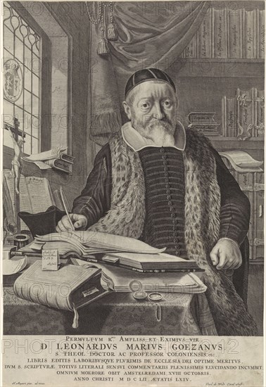 Portrait of Leonard Marius van der Goes in a study, print maker: Theodor Matham, Claes Moeyaert, Frederik de Wit, 1652 - 1676