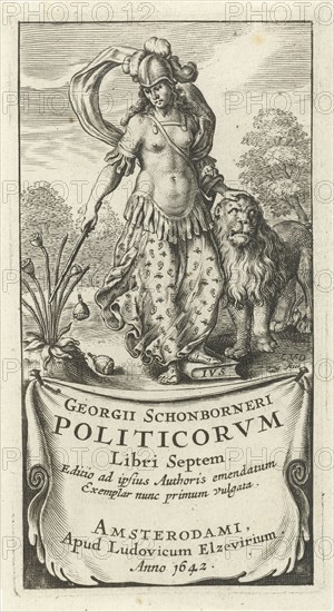 Power as female soldier in armor with lion, Cornelis van Dalen (I), Lowijs Elzevier (III), 1642