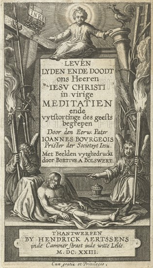 Frame for title with Christ Child and Christ dead and two angel with passion tools, BoÃ«tius Adamsz. Bolswert, 1590 - 1623