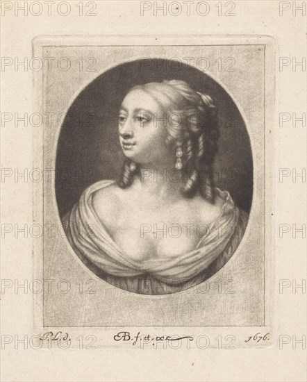 Bust of a young woman with half-naked bosom, Abraham Bloteling, 1676